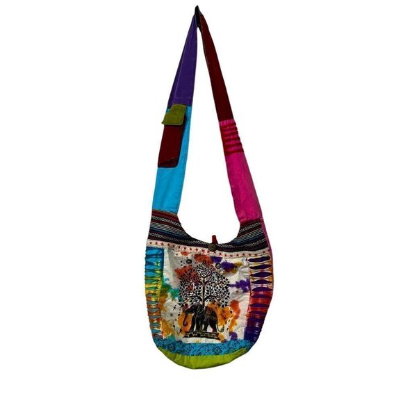 Y2k Boho Bohemian Hippie Shoulder Bag Peace elephant patch Made in Nepal cotton - Picture 2 of 16